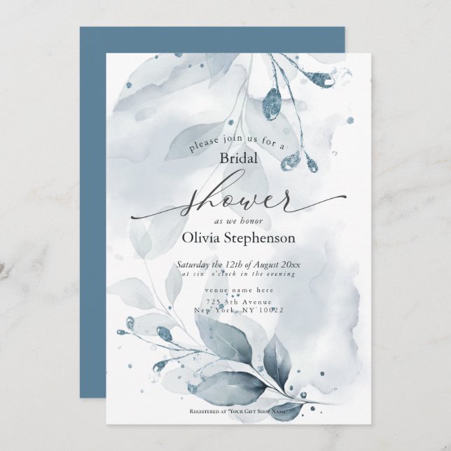 Invitación Acuarela Bridal Shower Rustic Blue Foliage In (Anverso / Reverso)