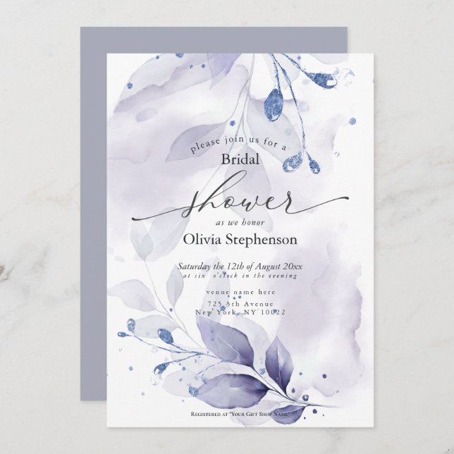 Invitación Acuarela Bridal Shower Rustic Violet Foliage (Anverso / Reverso)