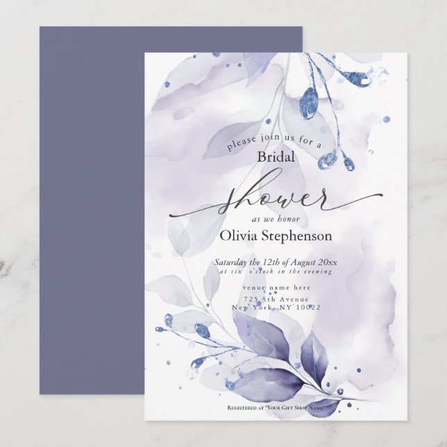 Invitación Acuarela Bridal Shower Rústica Violeta Foliage In (Anverso / Reverso)