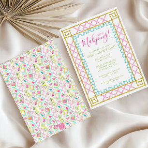 Invitación Acuarela Brillante Mahjong Tiles y Fiesta de Bambú