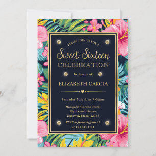 Invitación Acuarela Brillante Tropical Floreciente Sweet 16