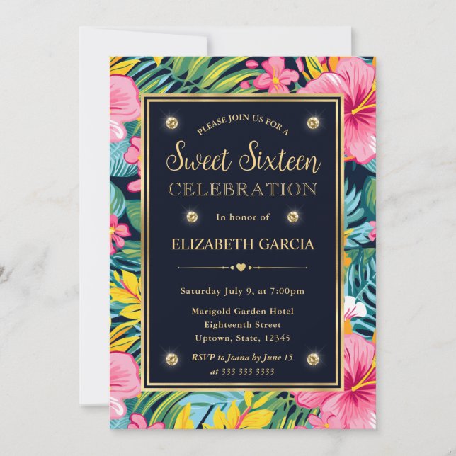 Invitación Acuarela Brillante Tropical Floreciente Sweet 16 (Anverso)