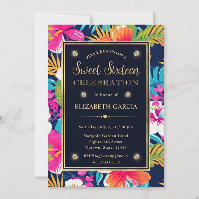 Invitación Acuarela Brillante Tropical Preppy Flores Cumpleañ (Anverso)