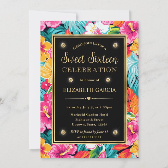 Invitación Acuarela Brillantes Flores Tropicales Preppy Dulce (Anverso)
