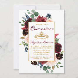 Invitación Acuarela Burgundia Floral Dorada Rosa Quinceanera