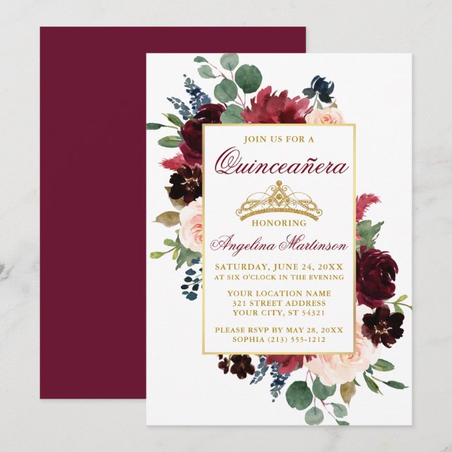Invitación Acuarela Burgundia Floral Dorada Rosa Quinceanera (Anverso / Reverso)