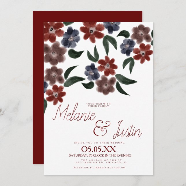 Invitación Acuarela Burgundy Azul Plush Boda Floral Rosa (Anverso / Reverso)