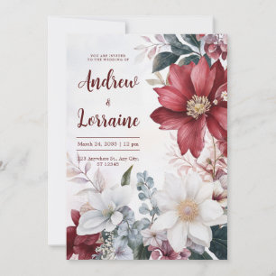 Invitación Acuarela Burgundy Blanco Floral Boda de Otoño