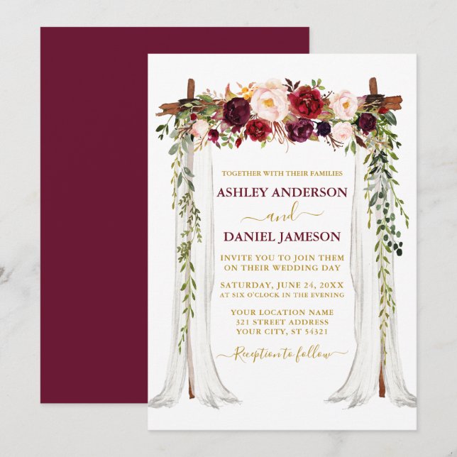 Invitación Acuarela Burgundy Boda Floral Canopy Gold (Anverso / Reverso)