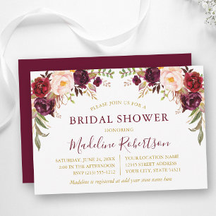 Invitación Acuarela Burgundy Floral Bridal Shower Oro