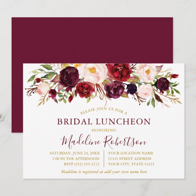 Invitación Acuarela Burgundy Floral Gold Bridal Luncheon (Anverso / Reverso)