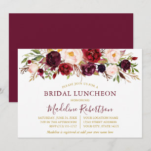 Invitación Acuarela Burgundy Floral Gold Bridal Luncheon