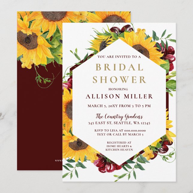 Invitación Acuarela Burgundy Sunflower Rustic Bridal Shower (Anverso / Reverso)