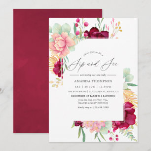 Invitación Acuarela Burgundy y Floral Rosado Bebe Sip and See