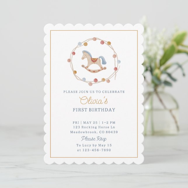 Invitación Acuarela, caballo balancín, garland, cumpleaños de (Anverso de pie)