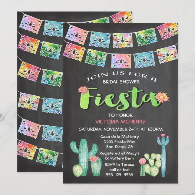 Invitación Acuarela Cactus Bridal Shower Fiesta Mexicana (Anverso / Reverso)