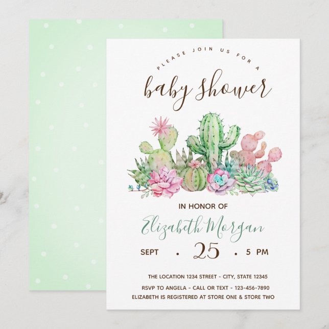 Invitación Acuarela Cactus Lunares Fiesta de Bebé (Anverso / Reverso)