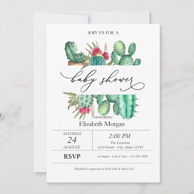 Invitación Acuarela Cactus Lunares Fiesta de Bebé (Anverso)