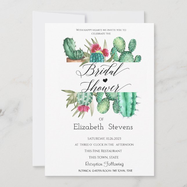 Invitación Acuarela Cactus Script Polka Dots Bridal Shower (Anverso)