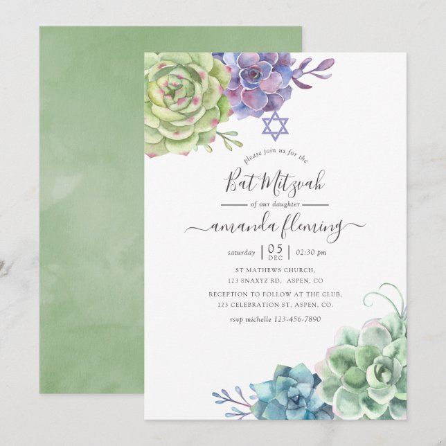 Invitación Acuarela Cactus Succulent Bat Mitzvah (Anverso / Reverso)
