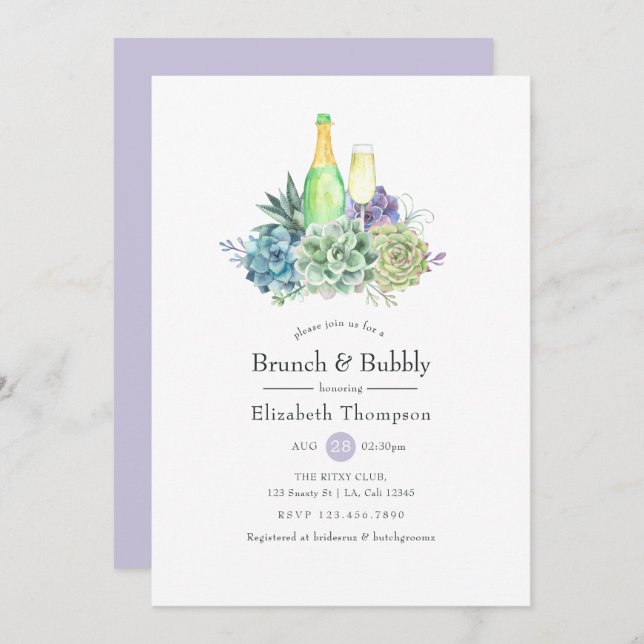 Invitación Acuarela Cactus Suculenta Brunch y Bubbly (Anverso / Reverso)