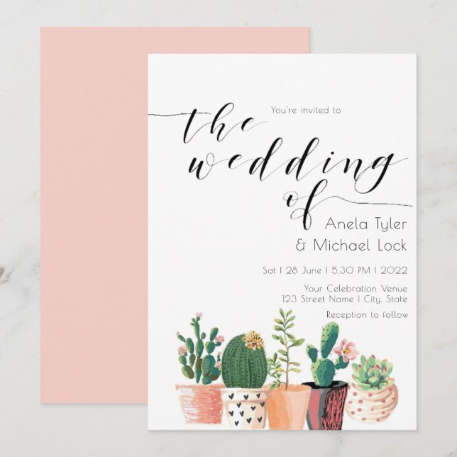 Invitación Acuarela Cactus Suculenta Tipografía Boda (Anverso / Reverso)