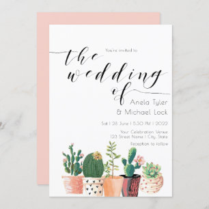 Invitación Acuarela Cactus Suculenta Tipografía Boda