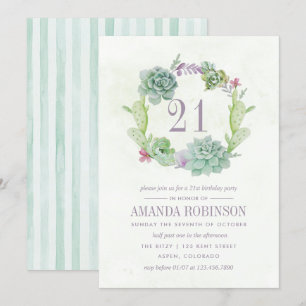 Invitación Acuarela Cactus Suculentas Desierto Cumpleaños 21