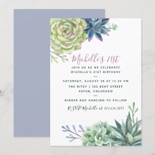 Invitación Acuarela Cactus Suculentas Desierto Cumpleaños 21