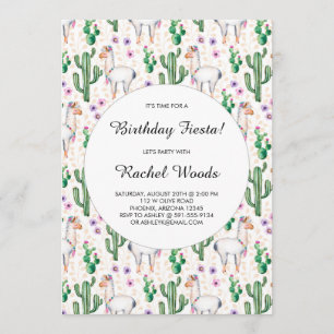 Invitación Acuarela Cactus y Fiesta de Cumpleaños de Llama