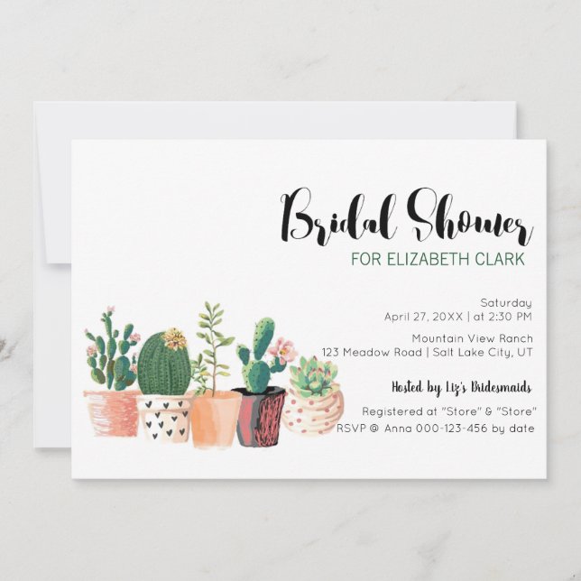 Invitación Acuarela Cactus y Suculentas Potes Ducha Bridal (Anverso)