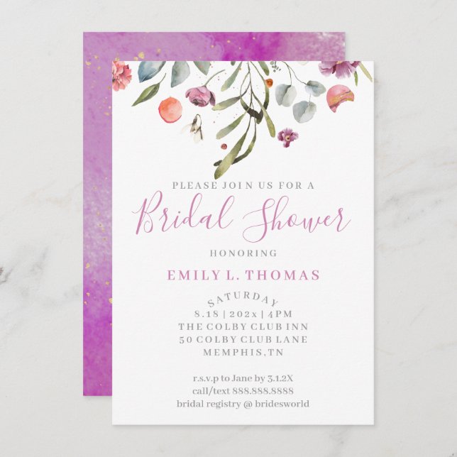 Invitación Acuarela Cae Flores Bridal Ducha Morada En (Anverso / Reverso)