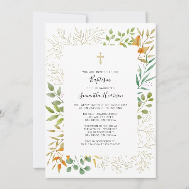 Invitación Acuarela Caída Foliage Género Bautismo Neutral (Anverso)