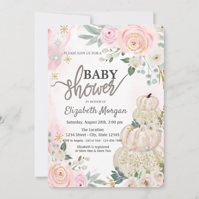 Invitación Acuarela Calabazas Blancas Flores Shower de Bebé (Anverso)