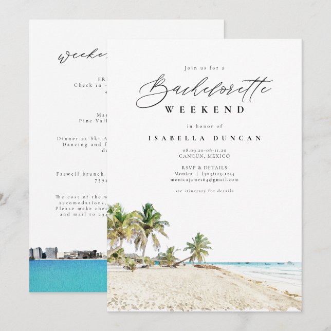 Invitación Acuarela Cancún México Bachelorette Itinerario (Anverso / Reverso)