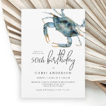 Invitación Acuarela Cangrejo Azul Mariscos 50 cumpleaños<br><div class="desc">La invitación de cumpleaños perfecta para celebrar un cumpleaños especial de 50 con la cena a lo largo de la costa, este diseño presenta un cangrejo azul en la esquina superior con vibrantes acuarelas. La combinación de textos de invitación es moderna con una elegancia informal que es a la vez...</div>