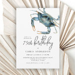 Invitación Acuarela Cangrejo Azul Mariscos 75º cumpleaños<br><div class="desc">La invitación de cumpleaños perfecta para celebrar un cumpleaños especial con la cena a lo largo de la costa, este diseño presenta un cangrejo azul en la esquina superior con colores vivos. La combinación de textos de invitación es moderna con una elegancia informal que es a la vez de buen...</div>