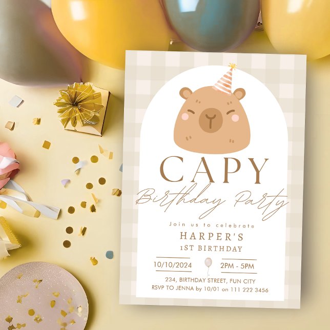 Invitación Acuarela Capibara Capy Cumpleaños Neutral (Watercolor Capybara Capy Birthday Neutral Invitation)