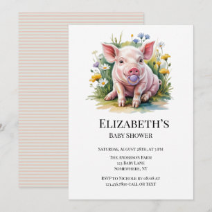 Invitación Acuarela Cerdito Flores Silvestres Baby Shower