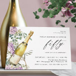 Invitación Acuarela Champagne Elegante cumpleaños 50 mujeres<br><div class="desc">Invitaciones modernas de cumpleaños número 50 con un ilustracion acuarela de una botella de champán rodeada de flores violetas florecientes. El texto grande "cincuenta" está escrito en forma de guion,  para una invitación divertida pero elegante con un color verde claro y coordinado al revés.</div>