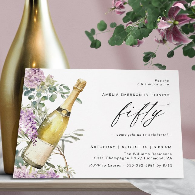 Invitación Acuarela Champagne Elegante cumpleaños 50 mujeres (Subido por el creador)