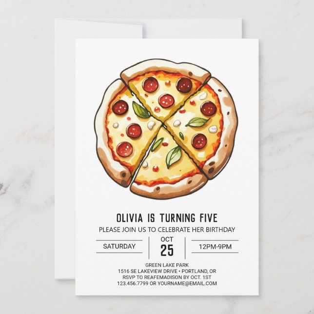 Invitación Acuarela Cheese Pizza Cumpleaños (Anverso)