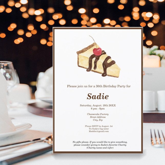 Invitación Acuarela Cheesecake Elegante cumpleaños invita (Join us for an exquisite cheesecake indulgence with an invitation that exudes elegance. )