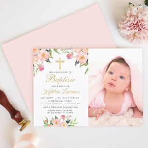Invitación Acuarela Chica floral rosa Baptismo Foto