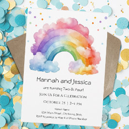 Invitación Acuarela Chicas arcoiris doble cumpleaños
