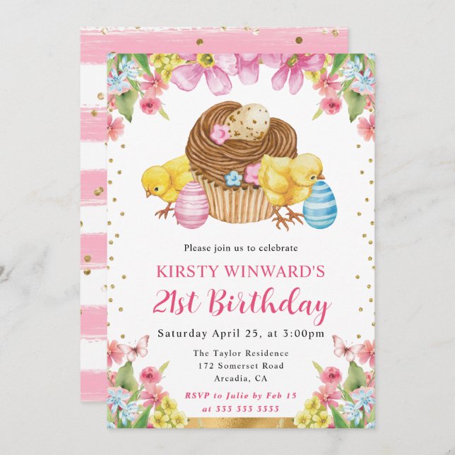 Invitación Acuarela Chicas de Pascua Primavera 21 cumpleaños (Anverso / Reverso)