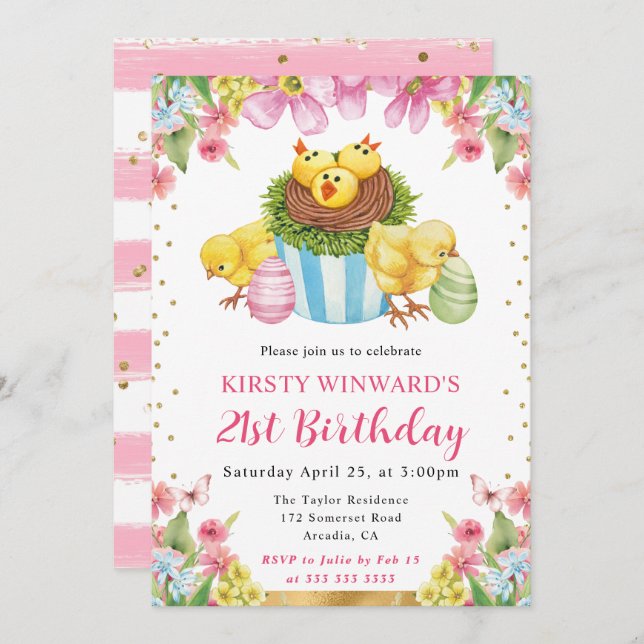 Invitación Acuarela Chicas de Pascua Primavera 21 cumpleaños (Anverso / Reverso)