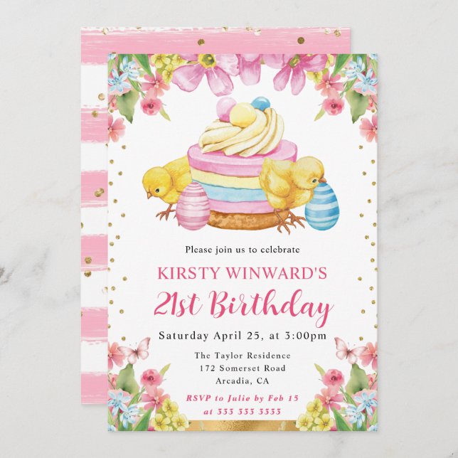 Invitación Acuarela Chicas de Pascua Primavera 21 cumpleaños (Anverso / Reverso)