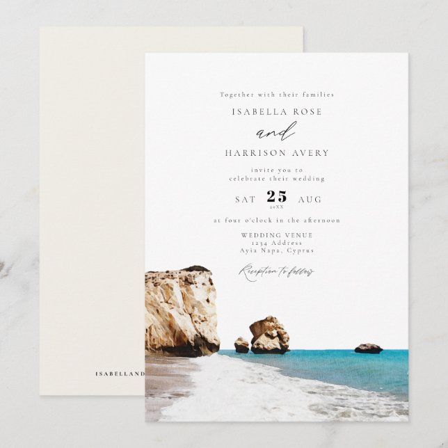 Invitación Acuarela Chipre Aphrodite Beach Ocean Boda (Anverso / Reverso)