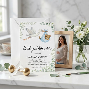 Invitación Acuarela Cigüeña Leopardo Vegetación Niño